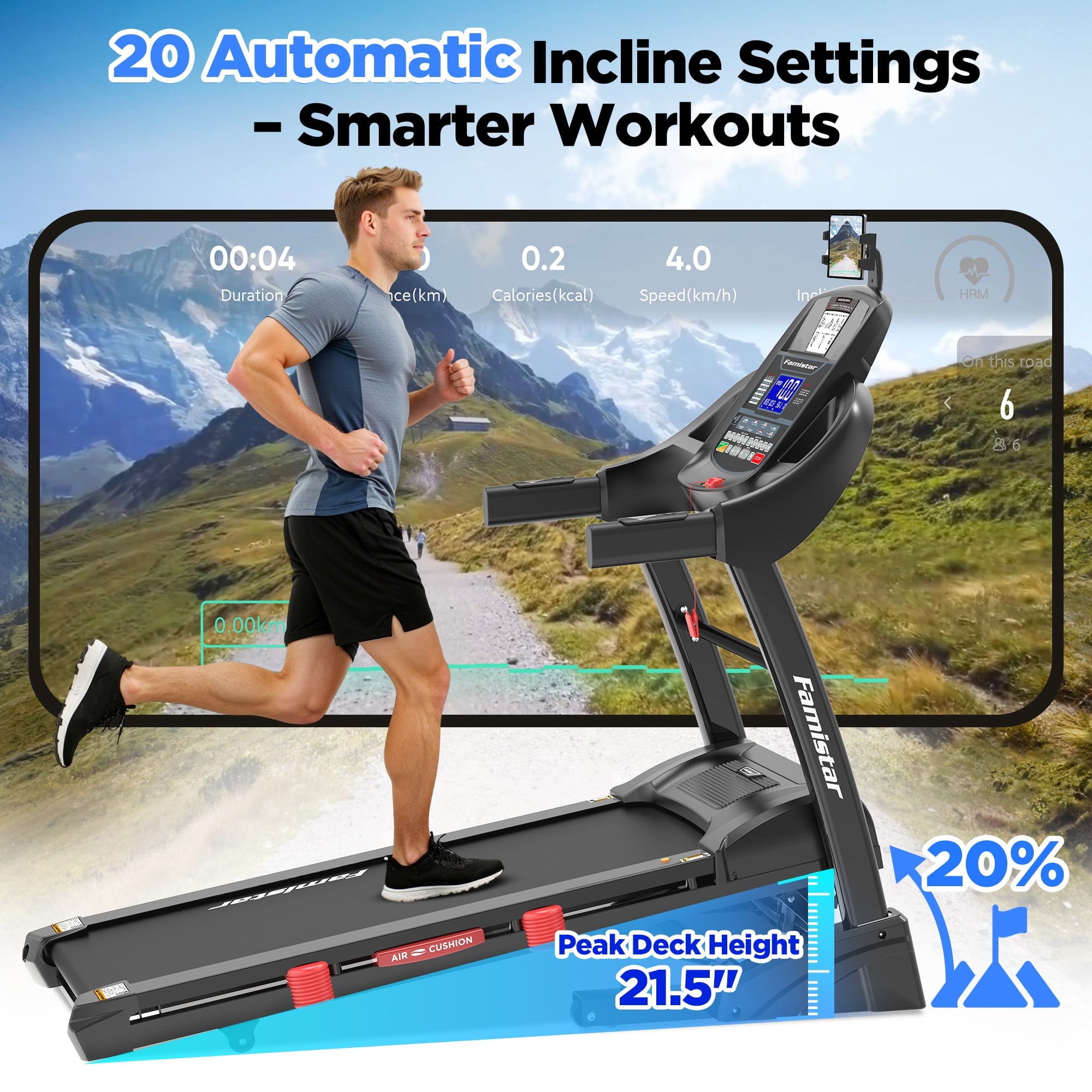 Famistar Famistar 5.0HP Folding Treadmill for Home with 20 Auto Incline, Smart APP, 300lbs, HiFi Bluetooth Speakers, 64 Programs, 12MPH Speed, Foldable Electric Treadmill Running Machine, Knee Strap Gift