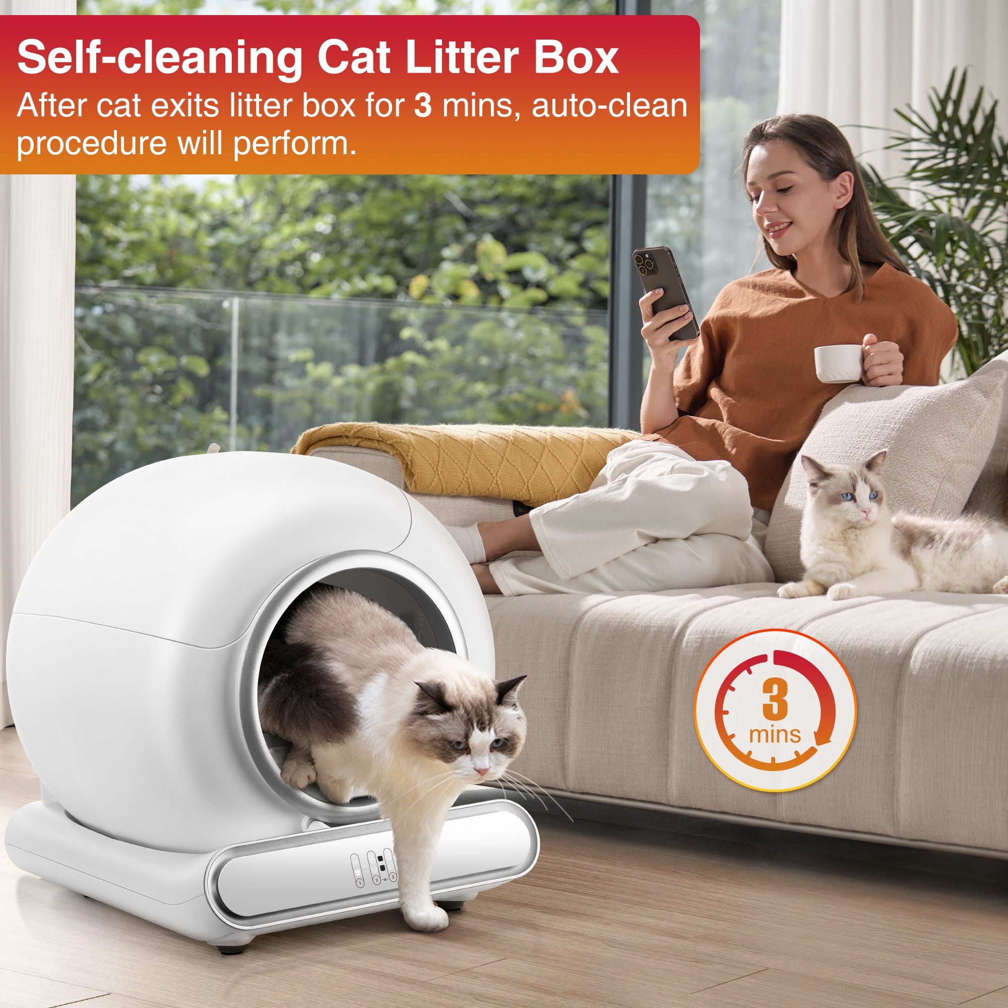 Qvamodo Cat Litter Box Self Cleaning, Automatic Litter Box w/ APP Control, Health Monitoring, Dual Sensor Safety Protection, Odor-Removal, Large capacity, 18LB Weight Capacity for Multi Cat