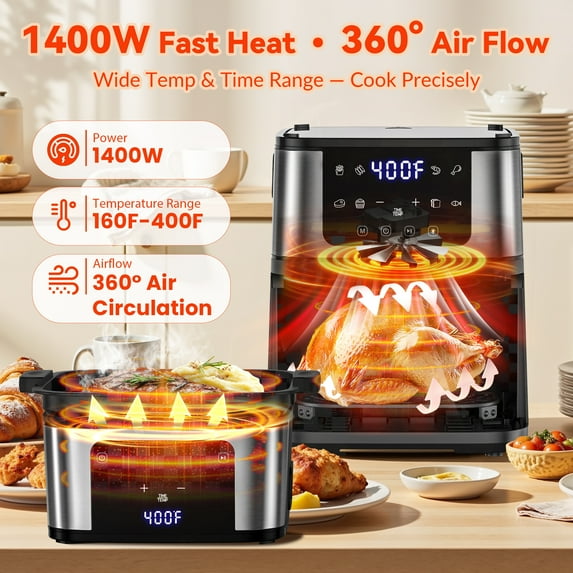 ODYAAZ 7.5QT XL Flip-Top Air Fryer & Grill Oven, 8-in-1 Presets, 400°F Fast Heating , Visible Window with Interior Light, Nonstick Basket, Auto-Off, Family-Sized for 2–7 People, Stainless Steel, Black