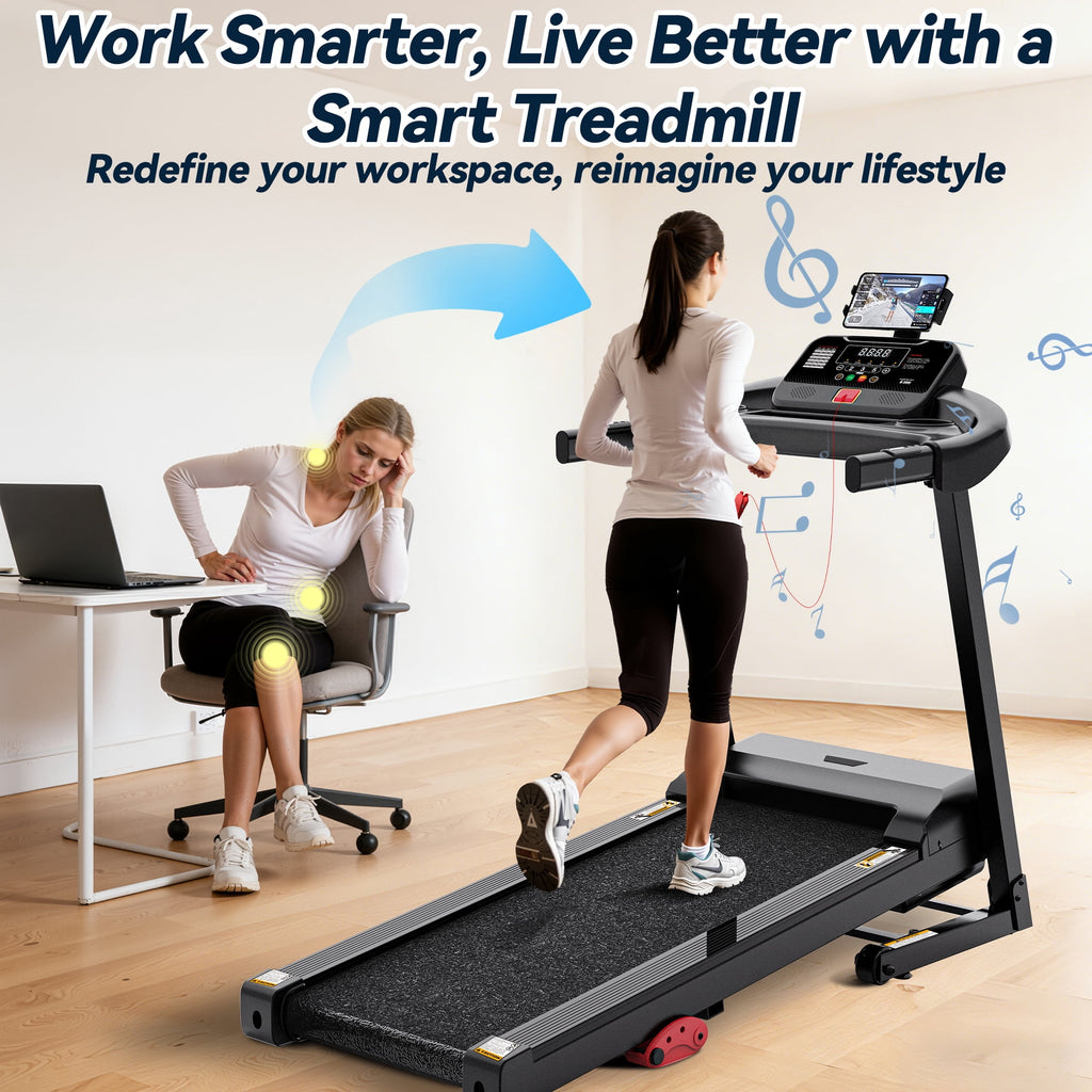 Qvamodo Compact 3.5HP Electric Treadmill for Home, Quiet Walking Pad with Handle & Adjustable Incline, Indoor Running Machine 300 lbs Capacity, Foldable Design, 71 Training Programs, Free Knee Pad Gift