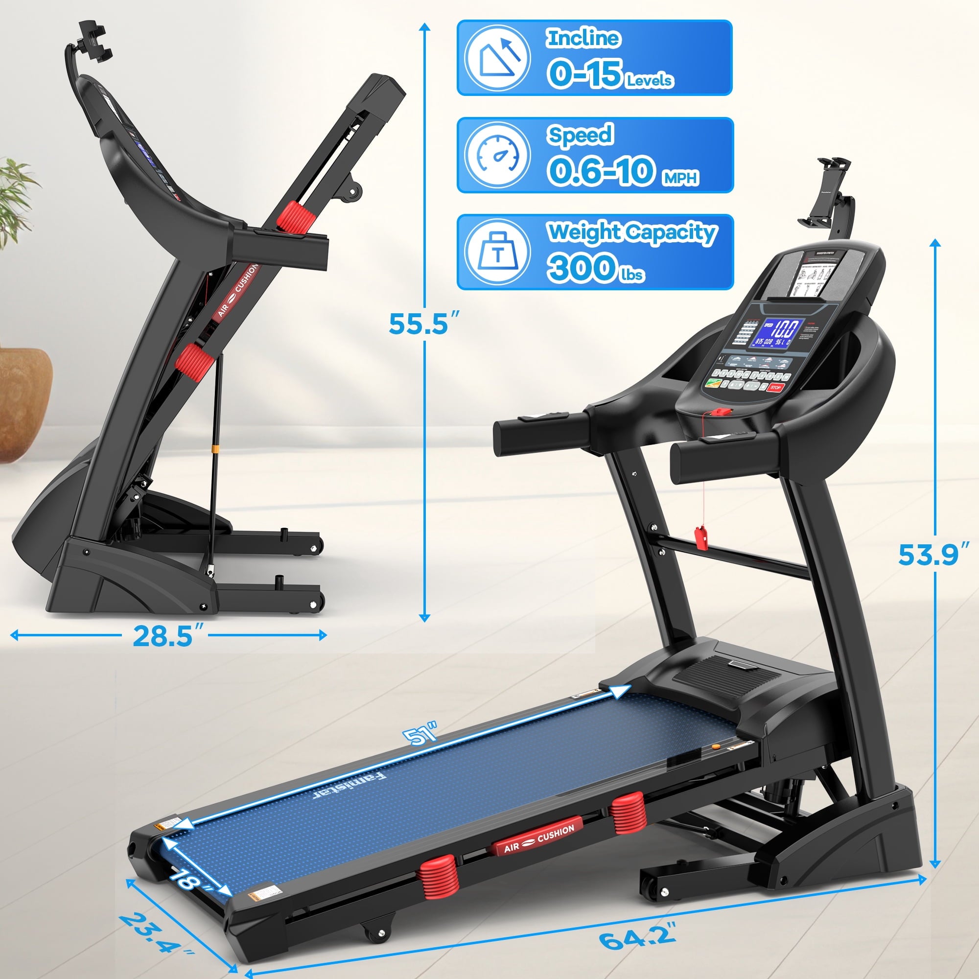 FaayFian 4.5 HP Foldable Treadmill with 15% Auto Incline, Treadmill 300 lb Capacity, Treadmills for Home,10 MPH Speed, Bluetooth APP Integration, 64 Pre-Set Programs & Smart Training Analytics