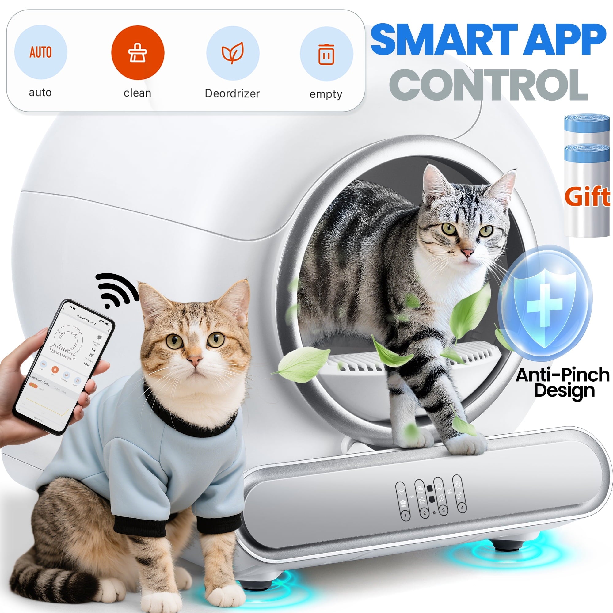 MAJUNES 65+9L Self Cleaning Cat Litter Box, Automatic Cat Litter Box with Safety Protection, Large Capacity, Odor Removal, APP Control, with 2 Rolls Liners, Anti-Pinch Design