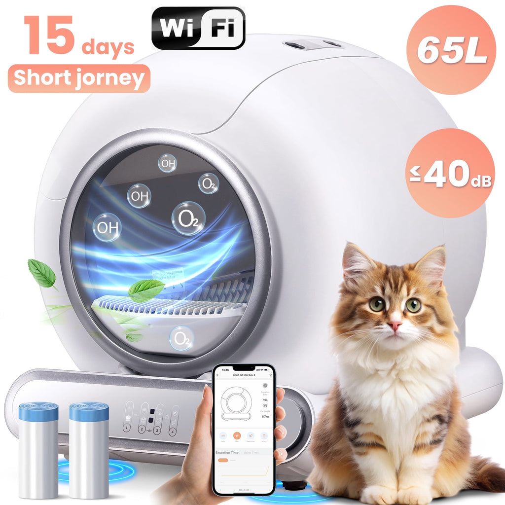 WNANEEZ Automatic Cat Litter Box, Self Cleaning Litter Box, APP Remote Control with Health Monitoring, 65L+9L Large Capacity, Sensor Safety Protection, 2 Rolls of Garbage Bags Free Gift