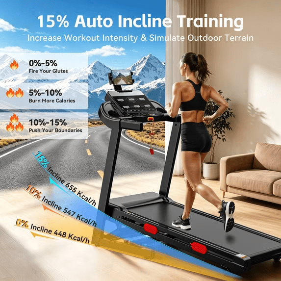 AQUGOKS Folding Treadmill for Home with Auto Incline, 3.8HP Brushless Motor, 15% Incline Treadmill, 300 lbs Capacity, 0.6-9 mph Speed, Bluetooth App Control, 105 Workout Programs, Fitness Equipment