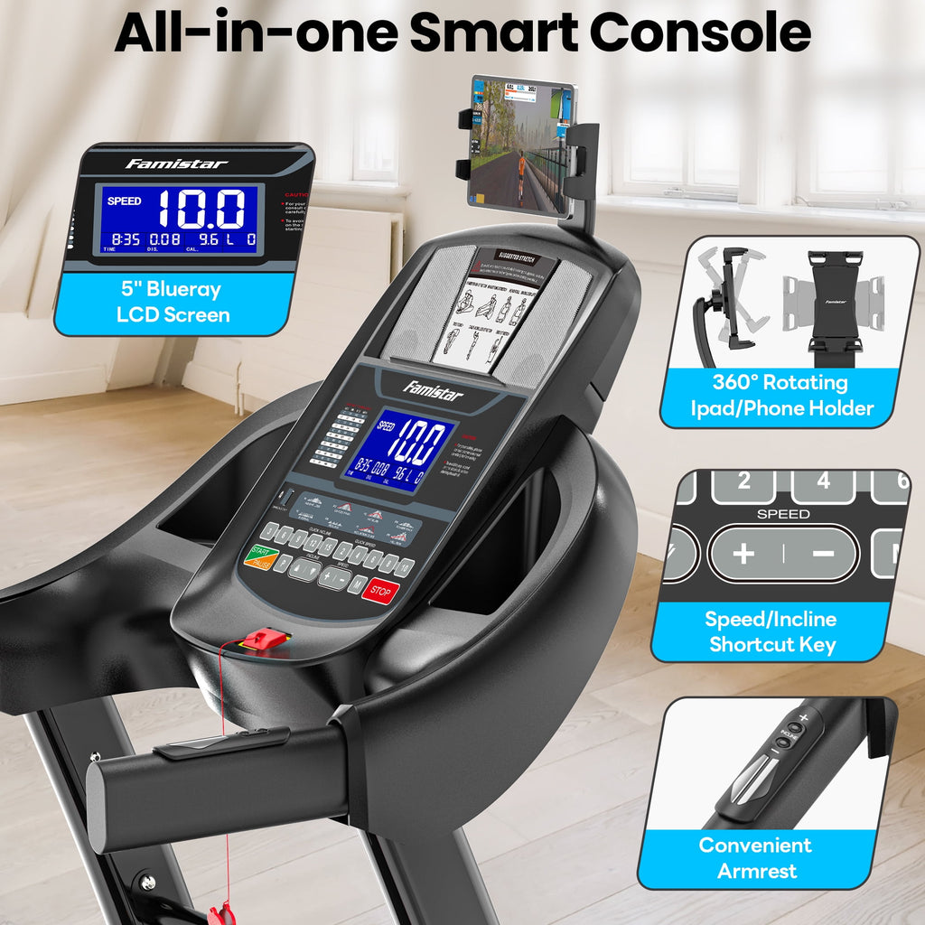Famistar 15% Auto Incline Treadmill 5.1HP for Home, Folding Treadmill w/ 300LB Capacity, Dual HiFi Speaker, App Control w/ Virtual Running, 64+7 Programs, 6 Point Shock-absorbing Cushions, Portable Treadmill