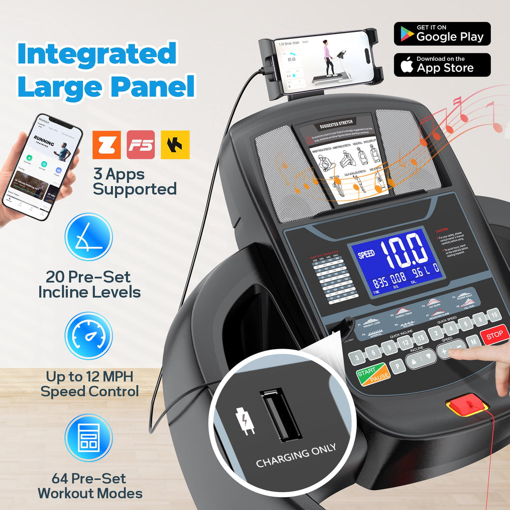 WNANEEZ 4.5HP Folding Treadmill 300lbs capacity, Automatic Incline Treadmill with FitShow APP & HiFi Bluetooth Speakers, Electronic 0.6-12MPH Treadmill for Home Office Gym Use