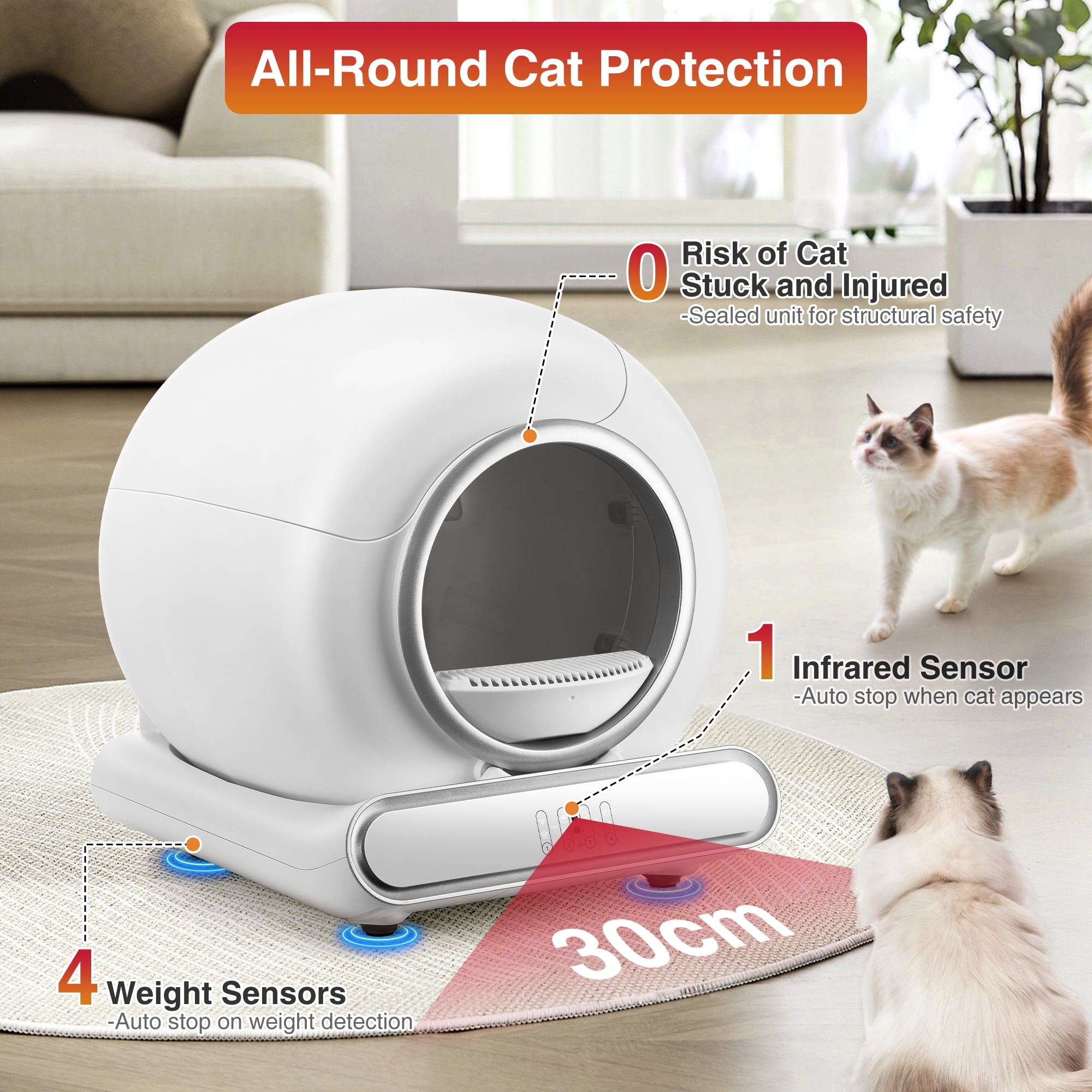 Campmoy Automatic Cat Litter Box, Self-Cleaning Litter Box, Wifi-Enabled with 2.4G APP Control, Designed for Multiple Cats, Odor Removal, No-Disturb, Sensor Safety, Large 65+9L Capacity