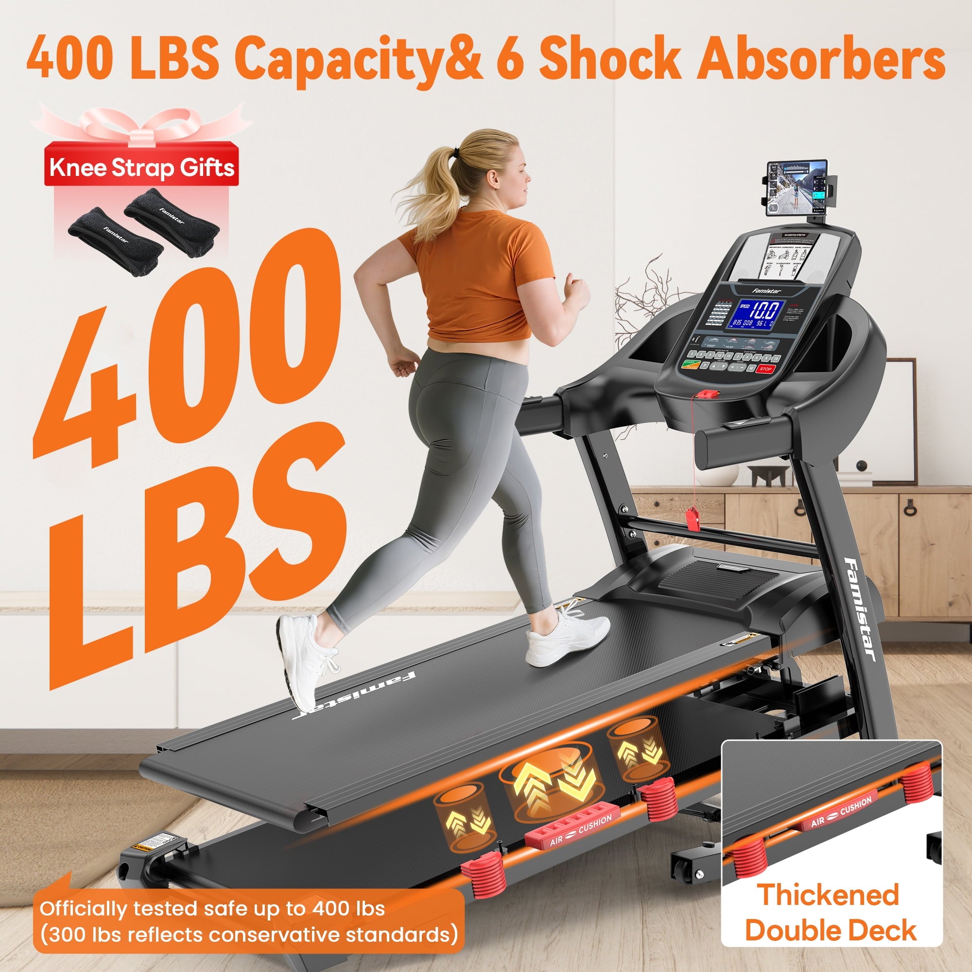 Famistar 5.1HP Folding Treadmill for Home with 15% Auto Incline, 300-400 LB Capacity, Portable Foldable Treadmill, FREE APP Control, Adjustable iPad Holder, 10MPH Speed, 71 Programs, Knee Strap Gift