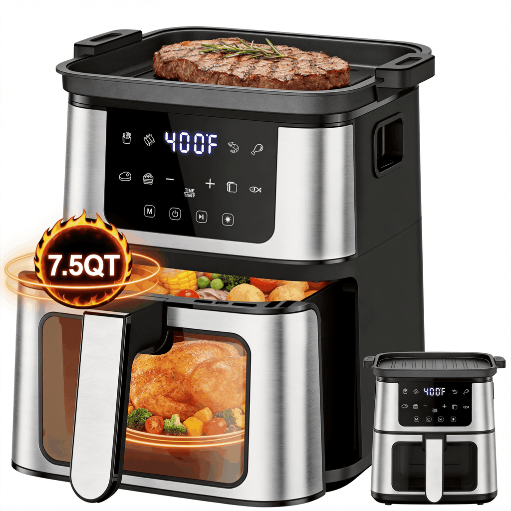 FaayFian 7.5 QT 8-in-1 Air Fryer Oven with Viewing Window & Light, Large Capacity Digital Air Fryer with Top Searing Grill, 95% Less Oil Cooking, Nonstick Easy-Clean Basket, Includes 100 Liners, Black