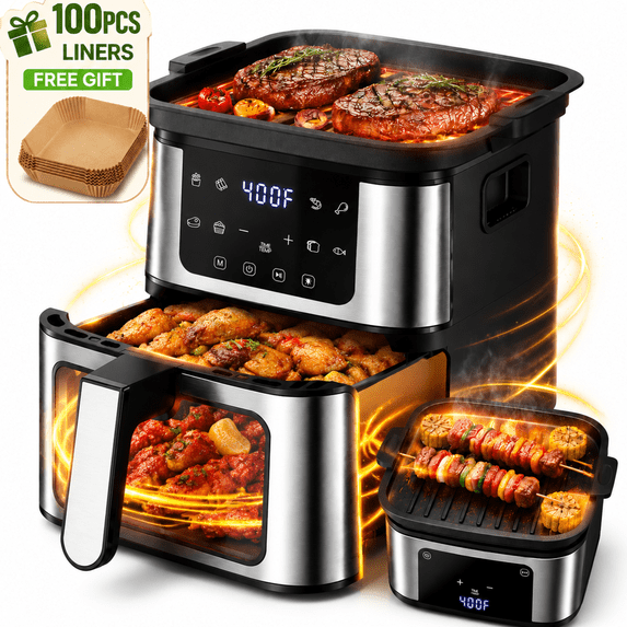 ZEJIXO 7.5 QT Air Fryer, 8-in-1 Air Fryer Oven with Grill Plate, Digital LED Touch Screen, Visible Window with Interior Light, Large Capacity Air Fryer with Presets, 95% Less Oil, Nonstick Basket Black
