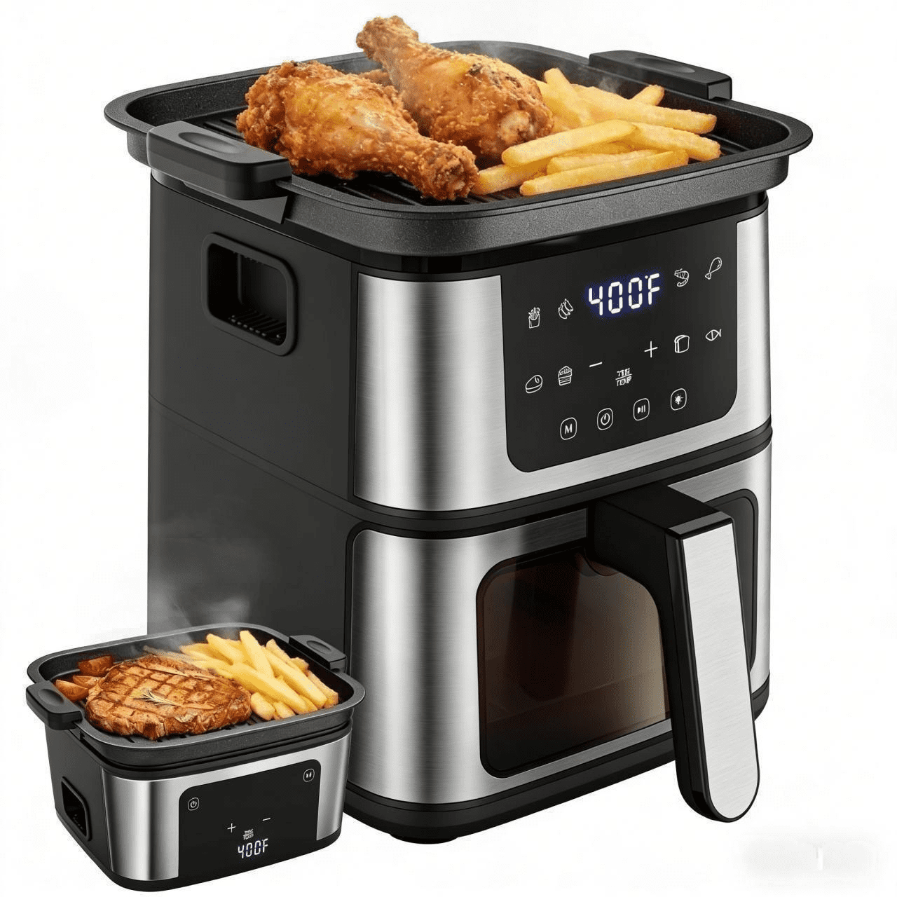 AQUGOKS 7.5 Qt. Air Fryer with Grill Plate, 8 Programs w/ Digital LED Touch Controls, Stainless Steel & Non-Stick, Dishwasher-Safe, 100Pcs Paper Gift