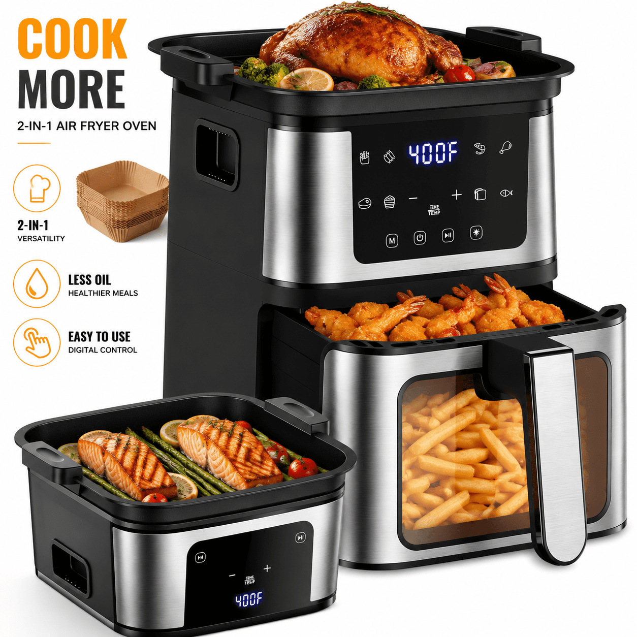 OXIBYPU 7.5-Quart Air Fryer Oven, Dual Cooking Functions (Air Fry & Grill) , Viewing Window, 1450W Rapid Heating System, Adjustable Temp 160–400°F, Dishwasher-Safe Basket for Easy Cleaning, 100PCS Liners