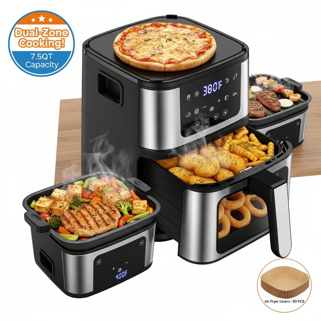 AQUGOKS 7.5QT 10-in-1 Air Fryer Oven with Grill Plate, LCD Digital Control, Clear-View Window, Air Fryer for Roasting, Baking, Reheating Healthy Meals, Nonstick Basket Air Fryer