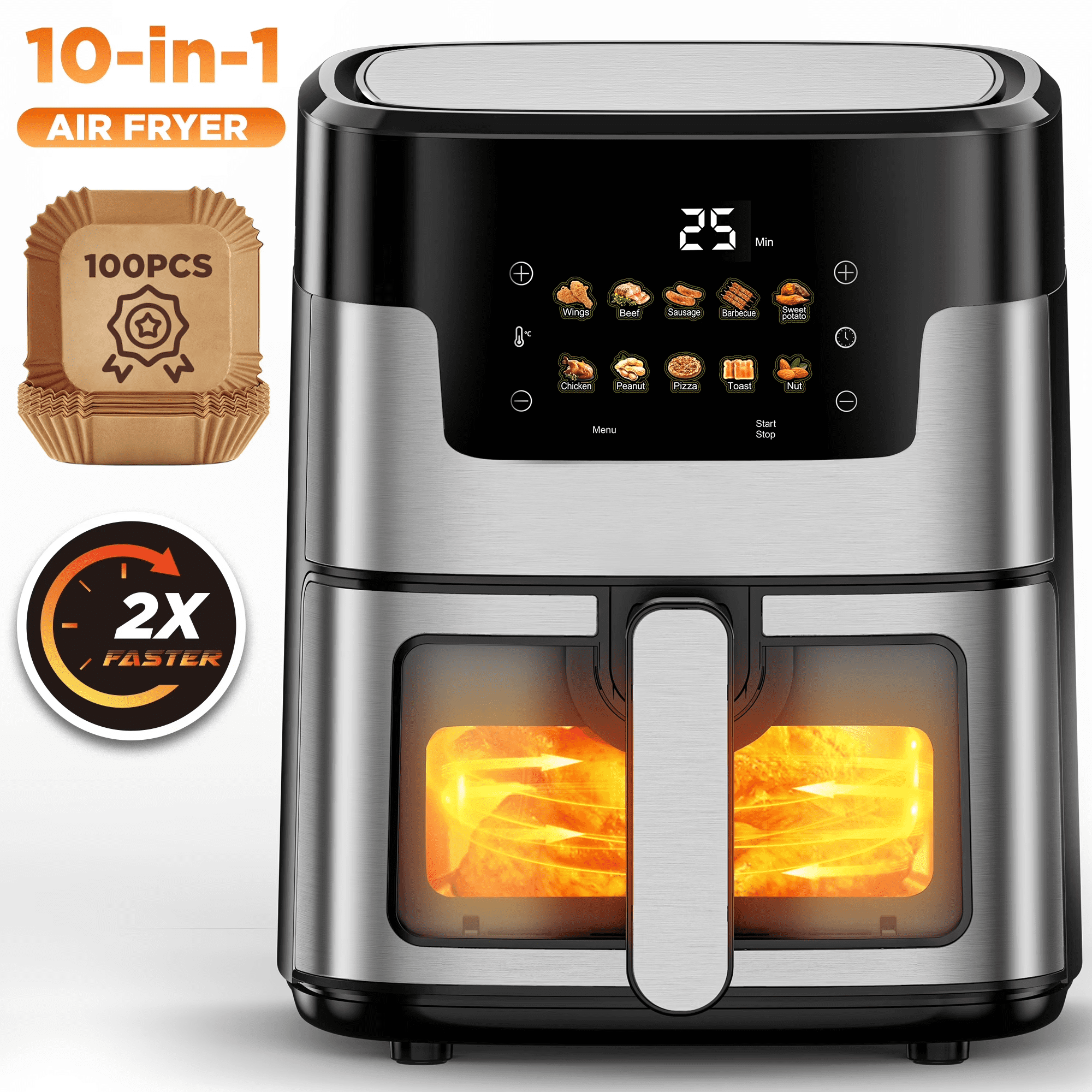 WNANEEZ 7.5QT Air Fryer, 10 in 1 Preset Cookings Air Fryer, Portable Air Fryer, Visible Window, Dishwasher-Safe, 95% Less Fat, Air Fryer W/100Pcs Paper Liners