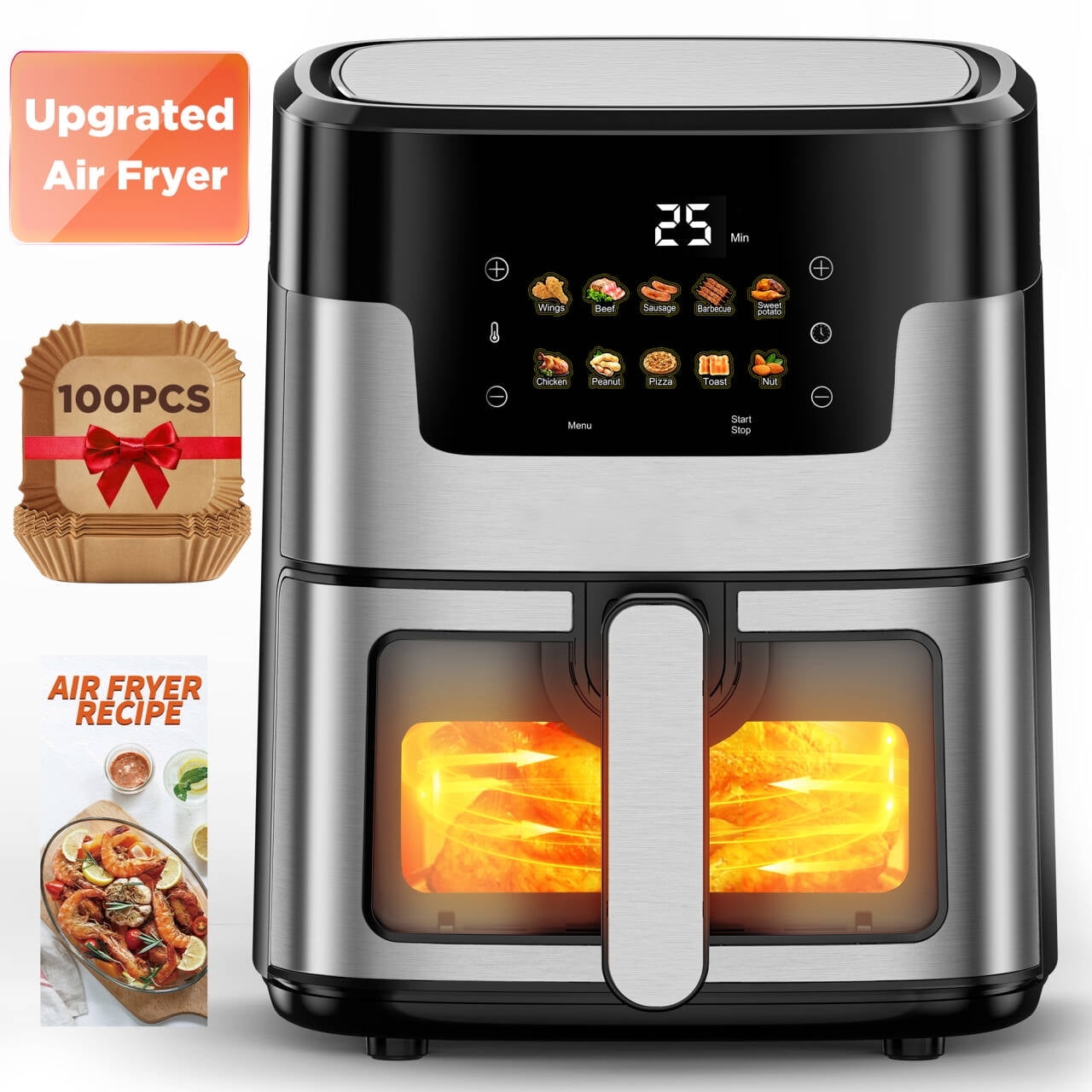 MAJUNES 7.5QT Air Fryer, 10 in 1 Touch Screen Portable Air Fryer, Visible Window, 1350W, Dishwasher-Safe w/100 Paper Liners