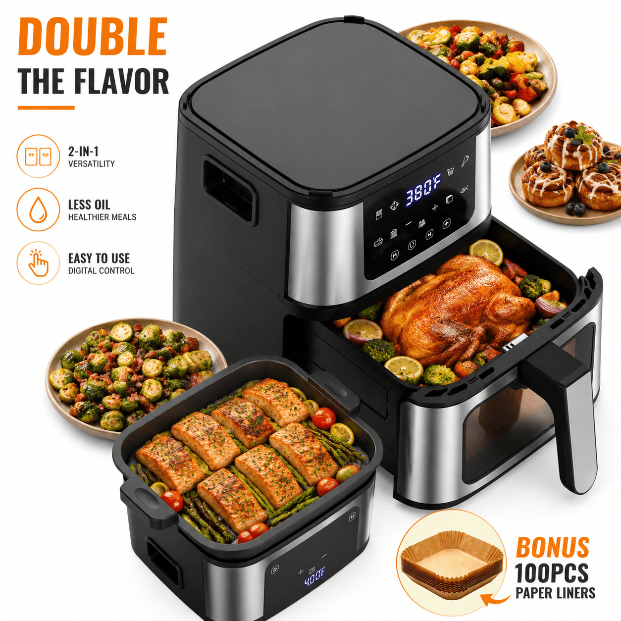 OXIBYPU 7.5QT Air Fryer with Grill Plate, 8 Preset Modes, Digital LCD Control, 360° Hot Air Circulation, Nonstick Detachable Basket, 92% Less Oil Cooking, 100 Free Air Fryer Liners Included
