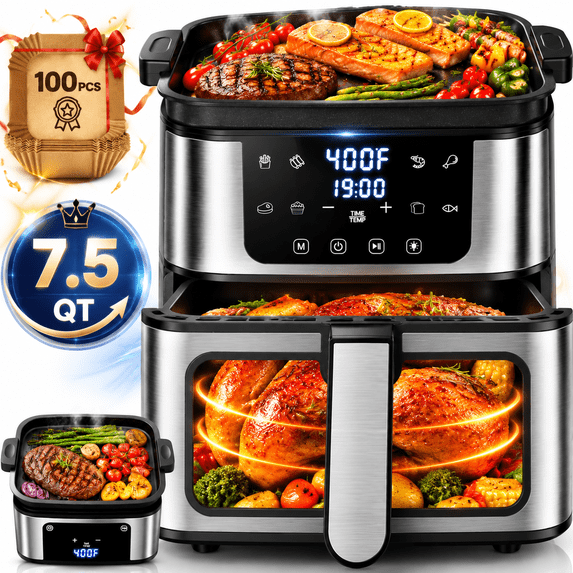 ZEJIXO 7.5QT Air Fryer Oven with Grill Plate & Viewing Window, Digital Air Fryer with Interior Light, Large Capacity 8-in-1 Air Fryer, 8 Preset Cooking Programs, Touch Screen Control, Nonstick Basket, Black