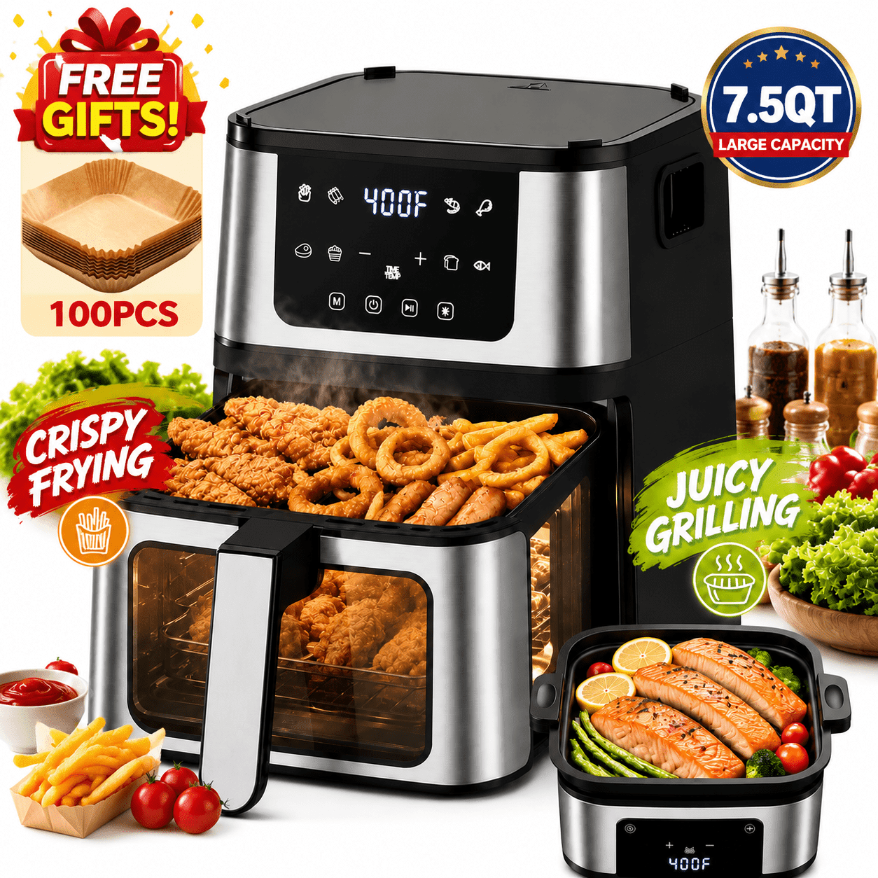 OXIBYPU 7.5QT Air Fryer Oven with Viewing Window, 2-in-1 Grill & Air Fryer Combo, 1450W Rapid Air Cooking System, 8 Preset Programs, Nonstick Grill Plate, 92% Less Oil Cooking