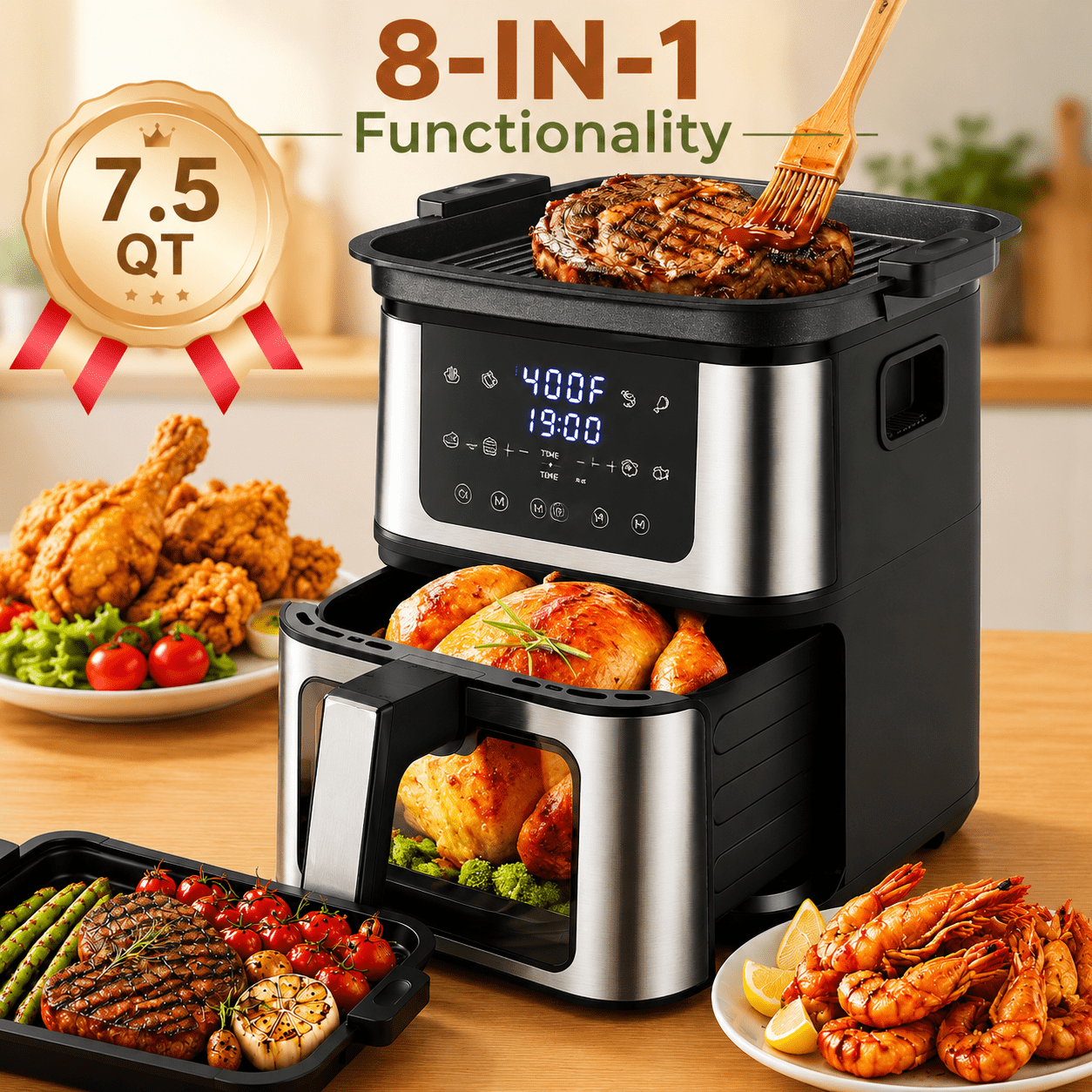 OXIBYPU 7.5QT Air Fryer Oven with Viewing Window and Grill Plate, 8 Preset Cooking Modes, 1450W Power, Family Size Countertop Air Fryer, Nonstick Basket, Stainless Steel Black