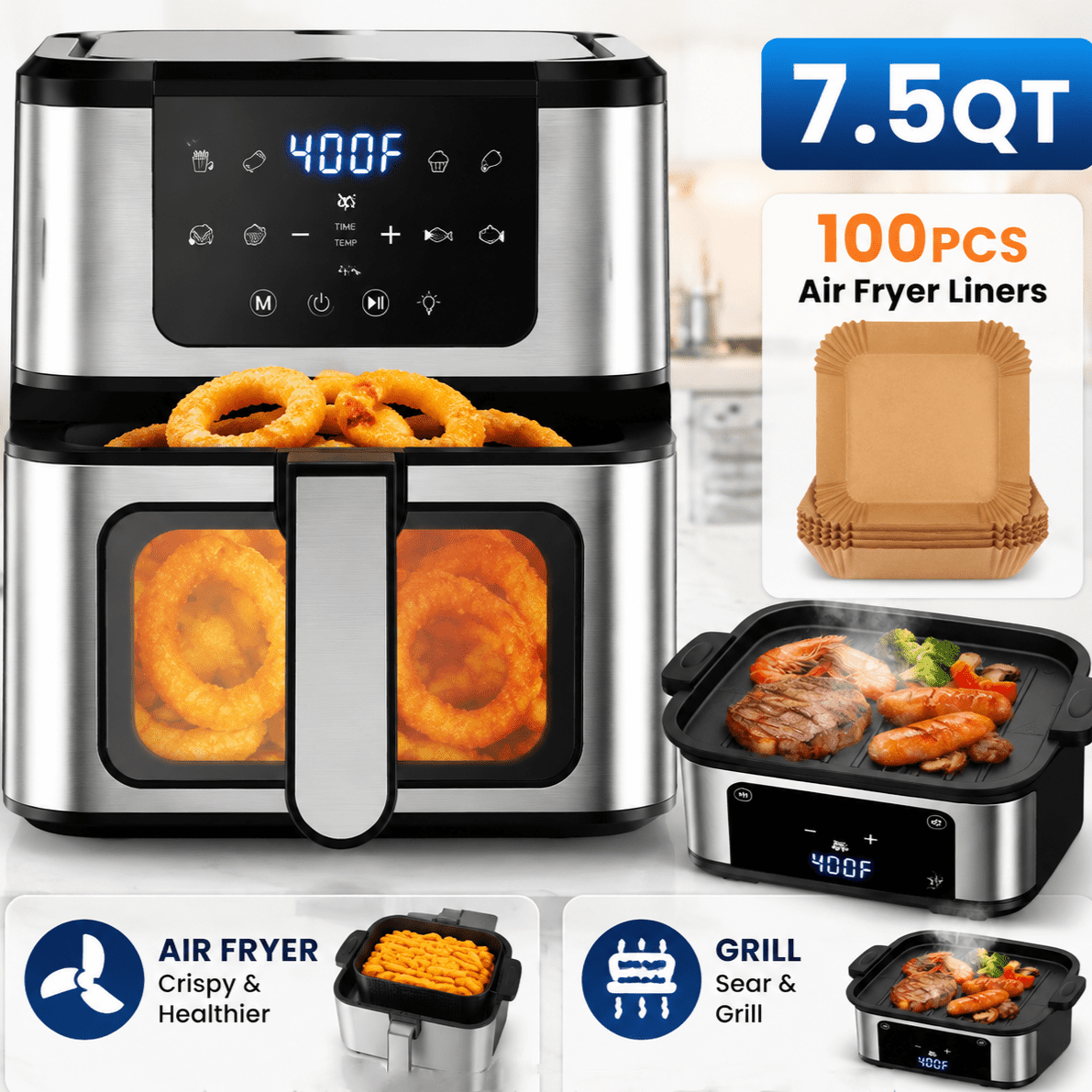 ZEJIXO 7.5QT Air Fryer Oven with Viewing Window & Interior Light, Large Capacity Digital Air Fryer, 2-in-1 Grill and Air Fryer Combo, 92% Less Oil, Nonstick Basket & Grill Plate, 100PCS Liners Included