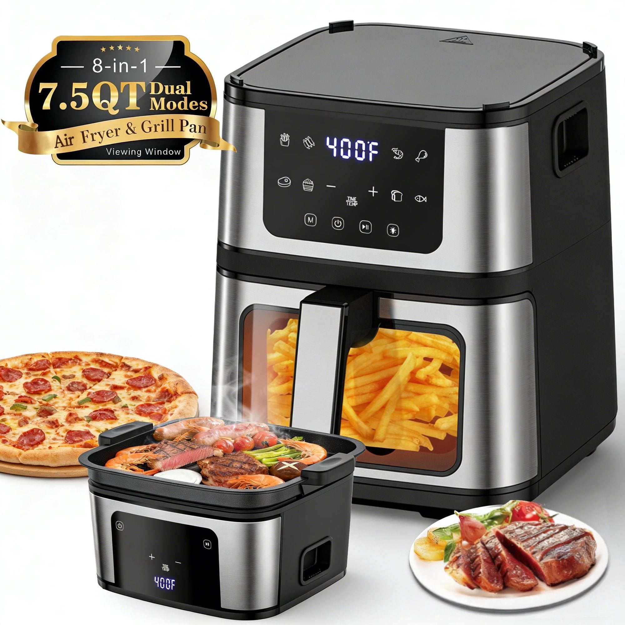 AQUGOKS 7.5QT Air Fryer, PFAS-Free Nonstick Drawer, Adjustable Temp & Timer, 8 Cooking Presets, LED Indicator, Oil-Less Cooking, Dishwasher Safe, Compact Family Size, Black