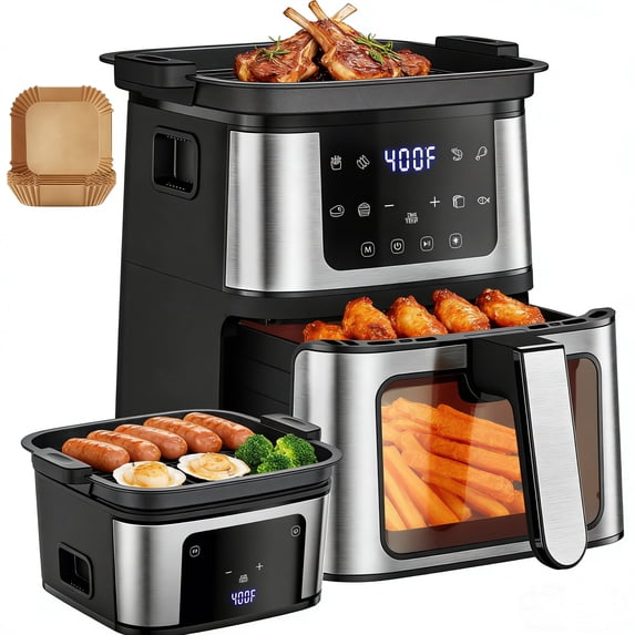 AQUGOKS 7.5QT Air Fryer with Grill & 100Pcs Papers, Air Fryer Oven with 2 Functions+8 Programs, Non-Stick Dishwasher-Safe Basket, LCD Touch Screen Air Fryer