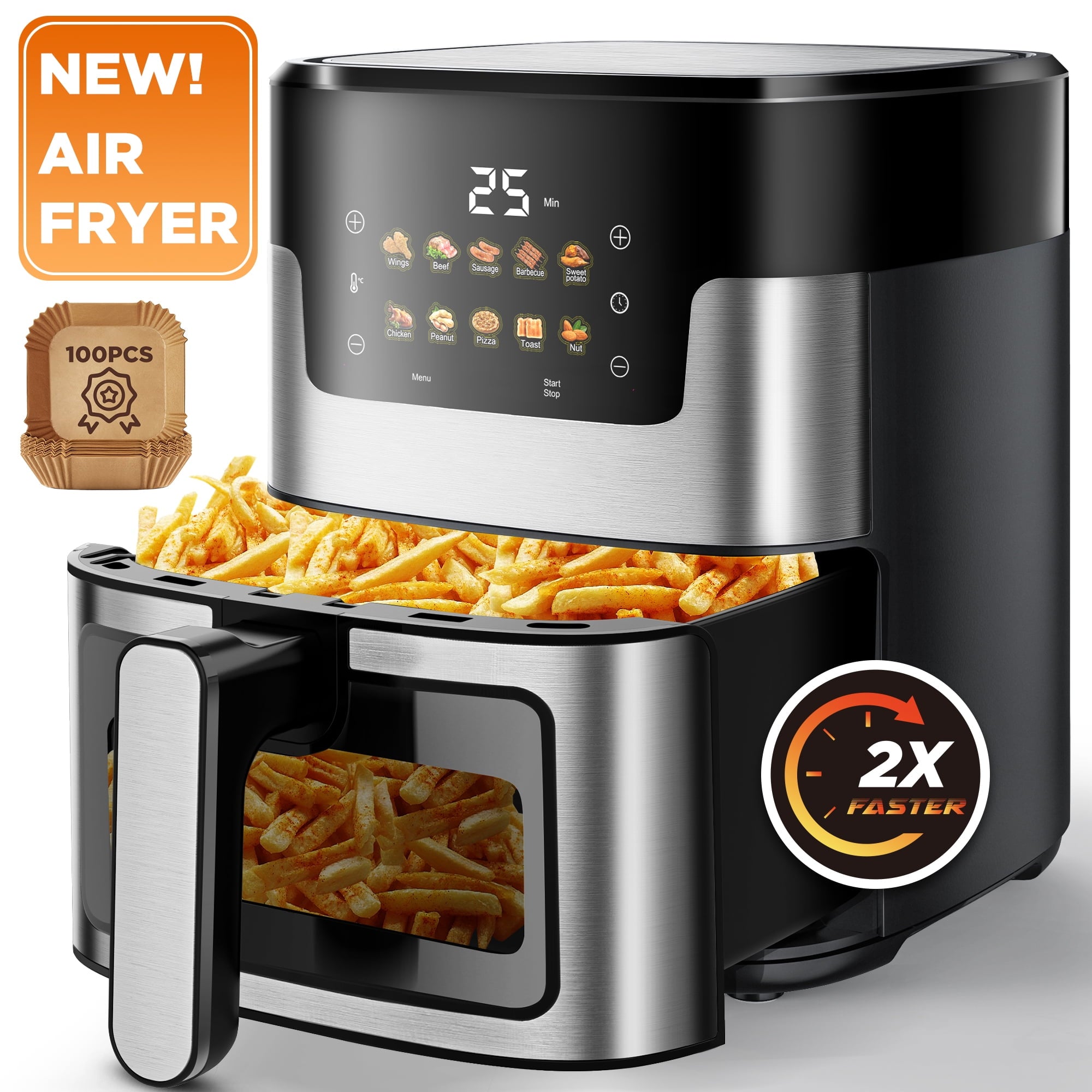 MAJUNES 7.5QT Air fryer, 10-in-1 Multifunction Air Fryer Oven with Digital LED Touch Screen, 95% Less Oil, Nonstick Dishwasher-Safe Basket, 10 Preset Cookings, Dishwasher-Safe Basket, 100Pcs Liner