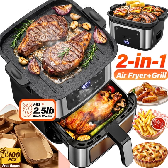 OXIBYPU 7.5QT Dual Mode Air Fryer Oven, 8-in-1 Functions, Digital Control & LED Touchscreen, Easy View Window, Versatile Air Fryer for Reheat, Roasting, Baking, 92% Oil-Less, 400°F Max Temperature