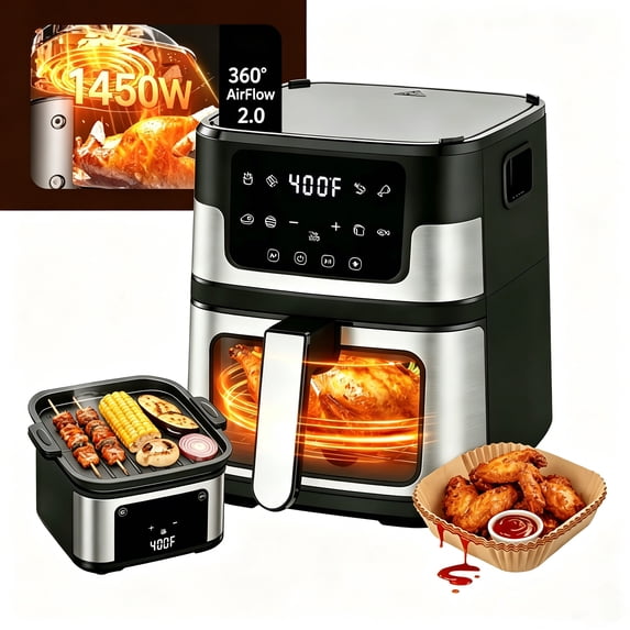 AQUGOKS 7.5QT Family-Size Air Fryer Oven – 8-in-1 Digital LED Touchscreen, 360° Rapid Air Circulatio, Detachable Grill Plate, Large Viewing Window, Nonstick Basket + 100 Liners, Up to 7 Servings