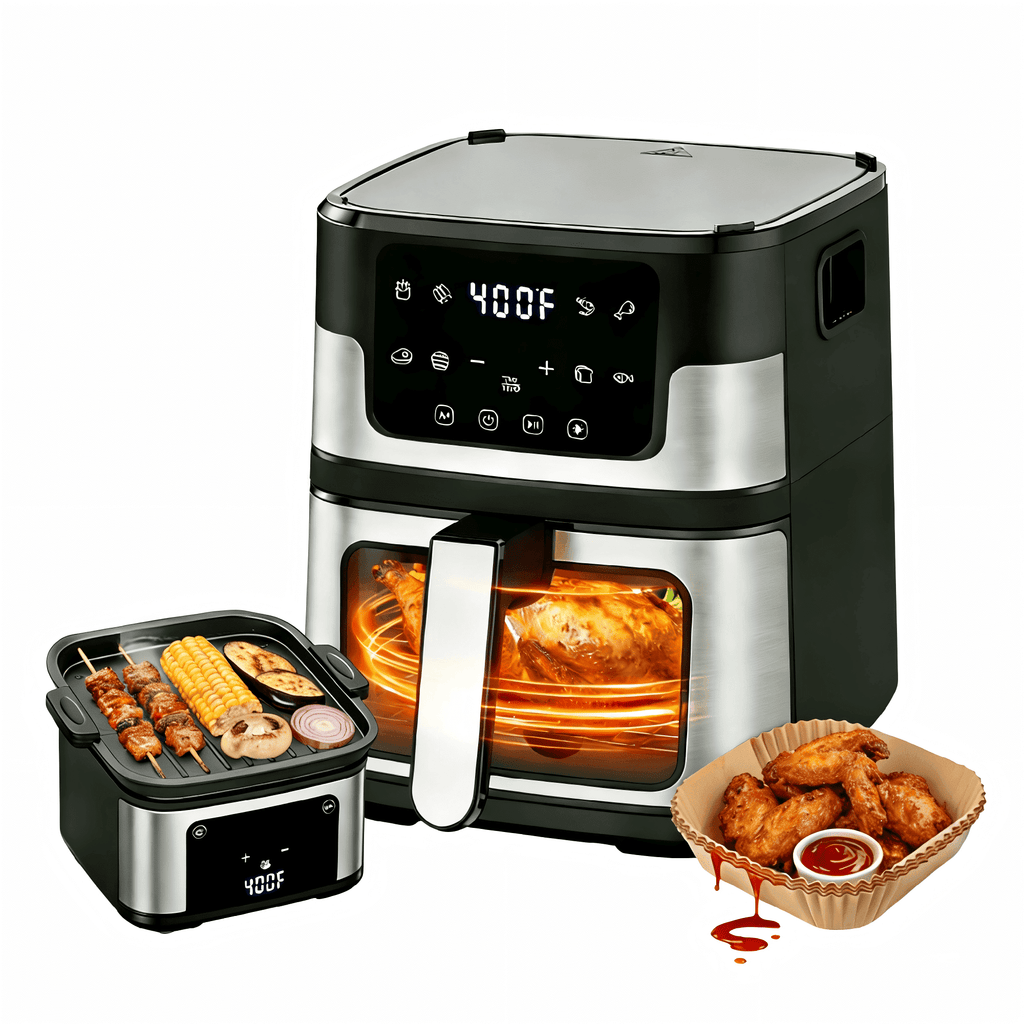 AQUGOKS 7.5QT Family-Size Air Fryer Oven – 8-in-1 Digital LED Touchscreen, 360° Rapid Air Circulatio, Detachable Grill Plate, Large Viewing Window, Nonstick Basket + 100 Liners, Up to 7 Servings