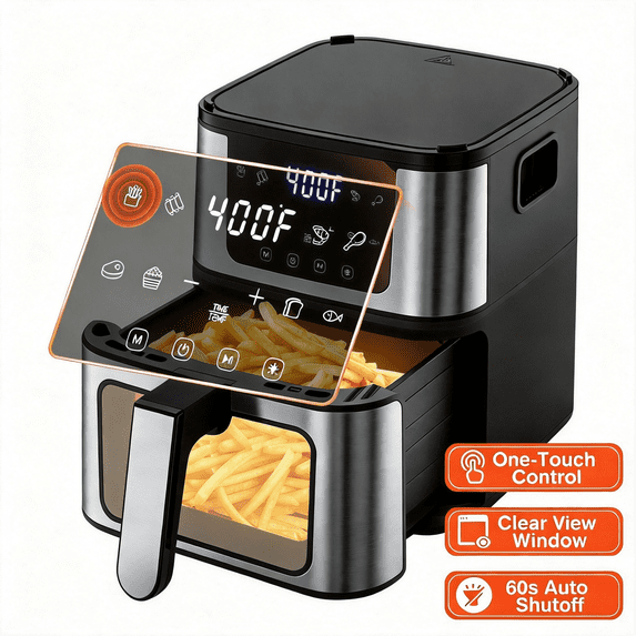 Qvamodo 7.5QT Smart Air Fryer, 8 One-Touch Presets for Healthier Low-Oil Meals, Digital Display, Includes 100 Disposable Liners