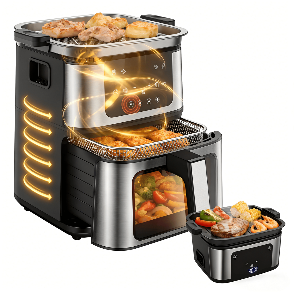 AQUGOKS 7.5QT XL Air Fryer with Flip-Over Grill, 8 Cooking Presets, Internal Light, 160-400°F, Auto Shutoff, Dishwasher Safe, 100 Paper Liners Included for Easy Cleanup
