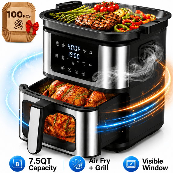 ODYAAZ 7.5QT XL Air Fryer, Large Capacity Air Fryer Oven with Viewing Window and Interior Light, 8-in-1 Digital Air Fryer with Nonstick Basket and 100PCS Liners, 400°F Fast Heating, Stainless Steel Black