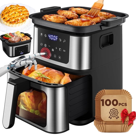 FaayFian 7.5QT XL 2-in-1 Air Fryer with Flip-Over Grill Plate, Viewing Window, 8 Cooking Presets, 95% Less Oil, Dishwasher Safe Basket & 100 Liners – Black