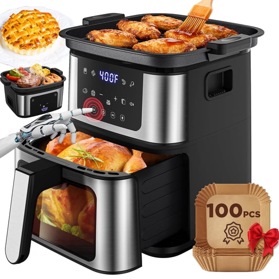 FaayFian 7.5QT XL 2-in-1 Air Fryer with Flip-Over Grill Plate, Viewing Window, 8 Cooking Presets, 95% Less Oil, Dishwasher Safe Basket & 100 Liners – Black