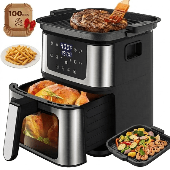 ODYAAZ 7.5QT XL Flip-Top Air Fryer & Grill Oven, 8-in-1 Presets, 400°F Fast Heating , Visible Window with Interior Light, Nonstick Basket, Auto-Off, Family-Sized for 2–7 People, Stainless Steel, Black