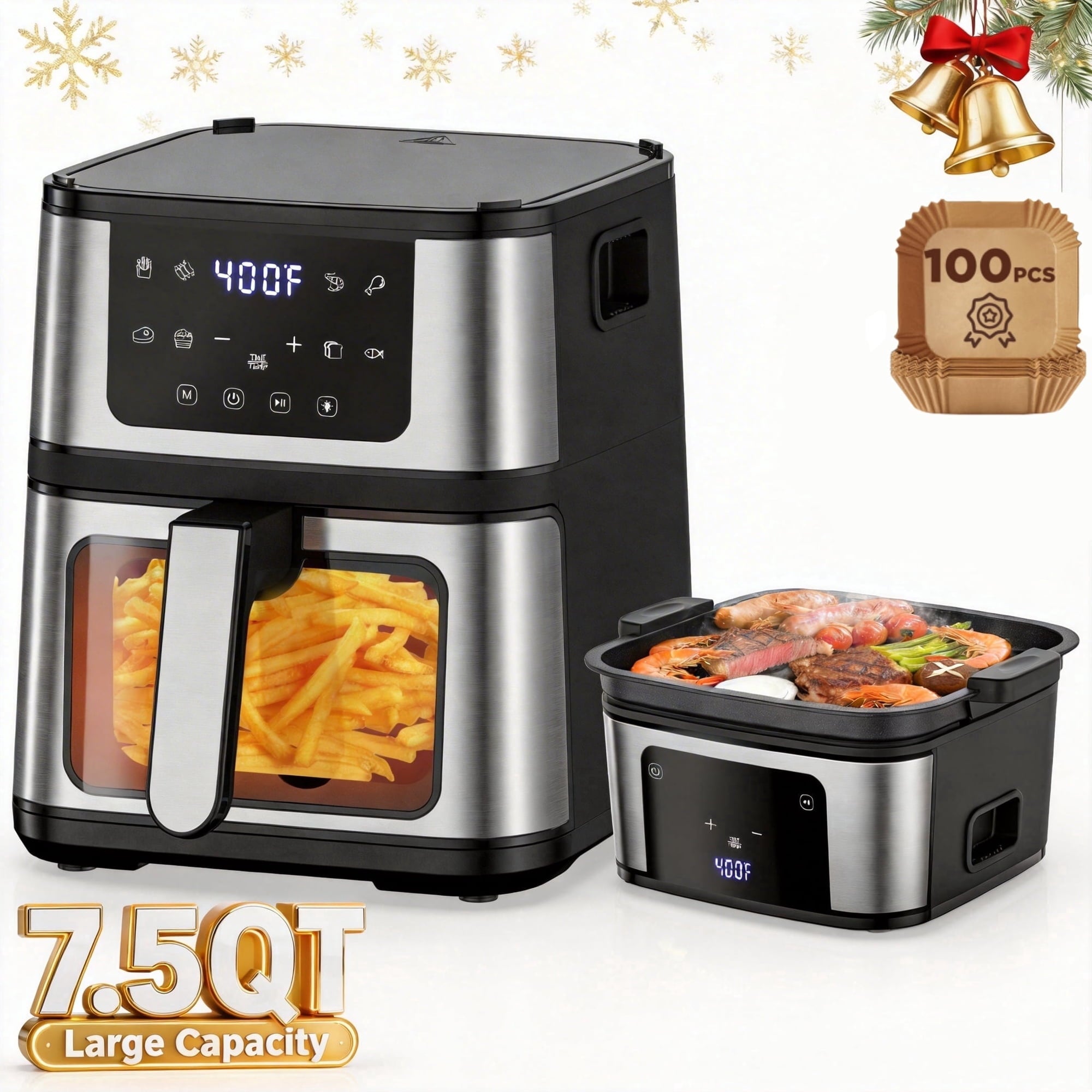 AQUGOKS 7.5Qt Air Fryer oven, Nonstick Coating, Adjustable Temperature, 8 Preset Cooking Options, Features Digital Timer, Quick & Easy Meals in Minutes, Include 100 liners, Black