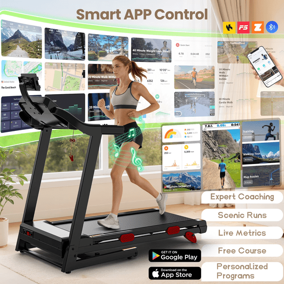 Qvamodo 3.75HP Folding Treadmill for Home with 3-Level Manual Incline, 9 MPH Speed, 350LBS Capacity, 105 Programs & FitShow App, Bluetooth Speakers, LED Display