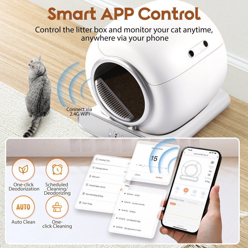 Campmoy Self Cleaning Cat Litter Box, 115L Automatic Litter Box w/ Liner, 10 Sensor Protection for Multi Cat, Dual APP+ Panel Control,Odor Removal,Litter Box