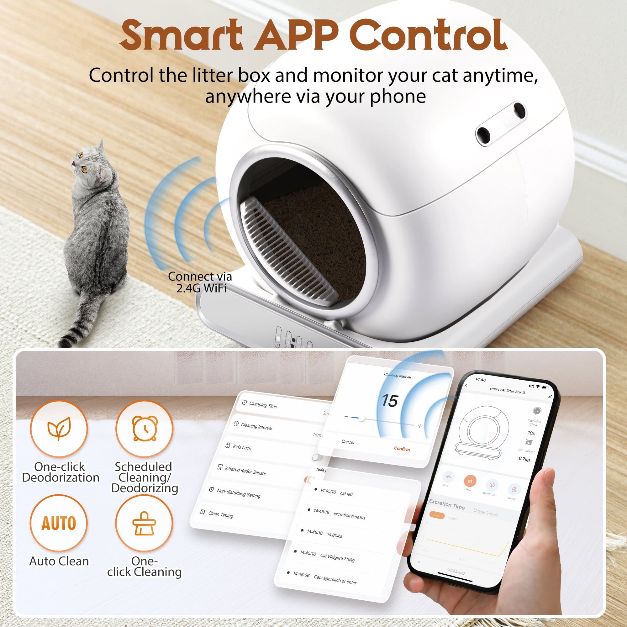 Campmoy Self Cleaning Cat Litter Box, 115L Automatic Litter Box w/ Liner, 10 Sensor Protection for Multi Cat, Dual APP+ Panel Control,Odor Removal,Litter Box