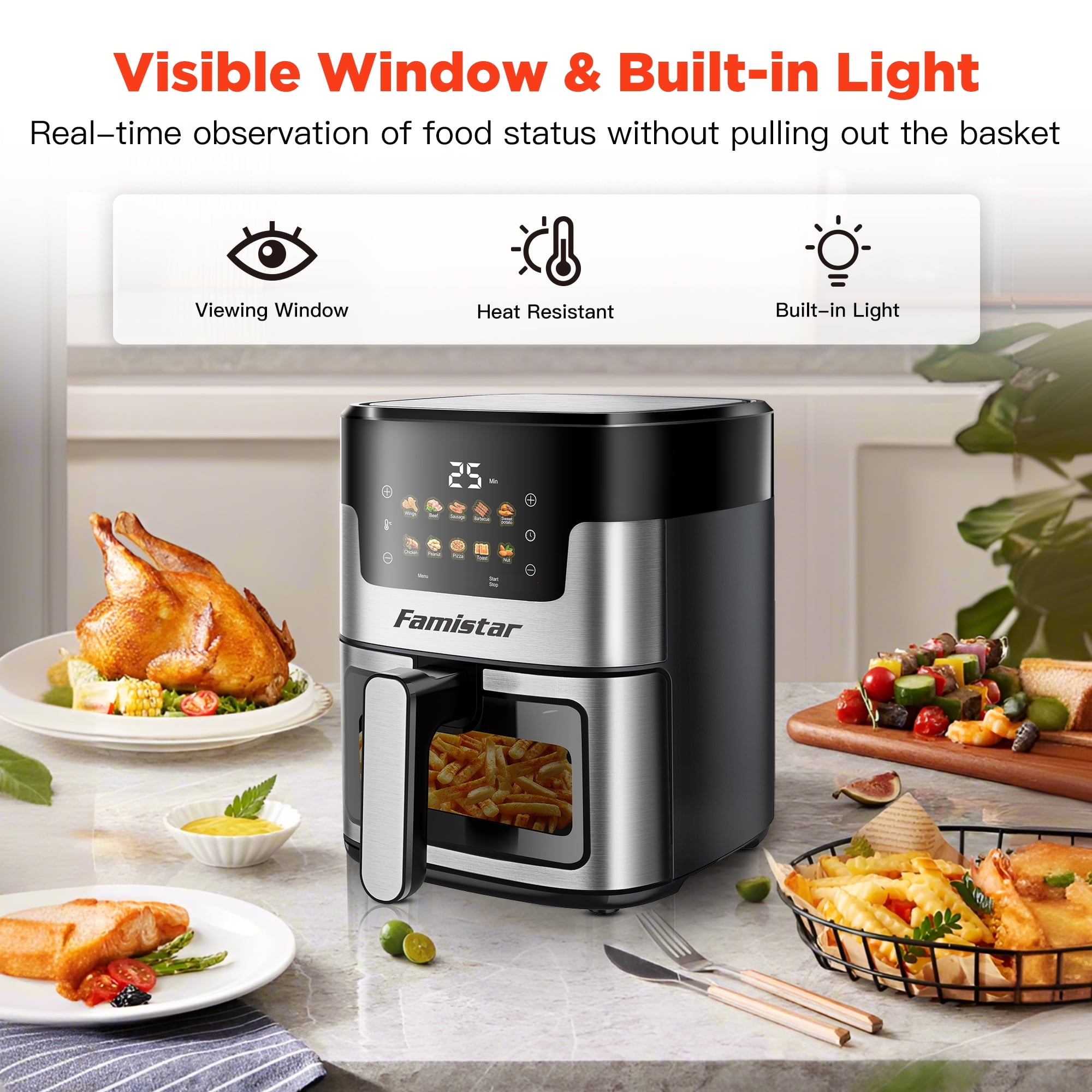 WNANEEZ 7.5 QT Digital Air Fryer Oven with Window – 10-in-1 Touchscreen Air Fryer, Nonstick Basket, 360° Air Circulation, 100 Liners Included, Easy Clean, Family Size