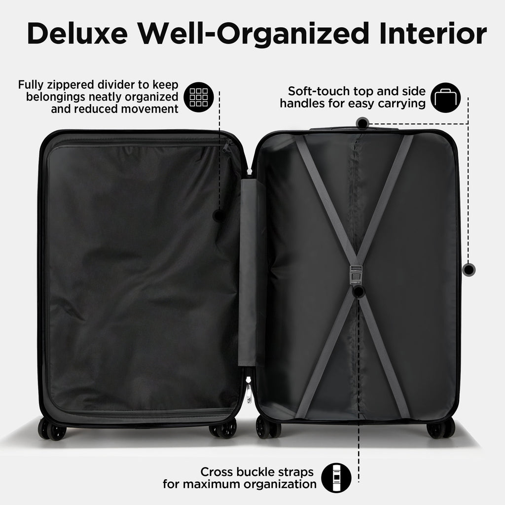 Qvamodo 11Pcs Luggage Set, Hardshell Suitcases with Spinner Wheels & Lock, 20" Carry On Luggage + 24"/28" Checked Luggage, Lightweight Travel Luggage, Black