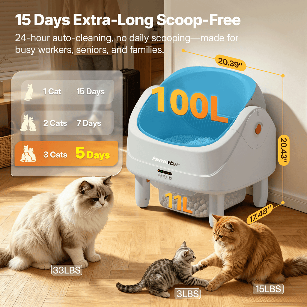 Qvamodo Self-Cleaning Cat Litter Box for Multiple Cats, Automatic 65 L Capacity with WiFi APP Control, Health Monitoring, Odor Control, Quiet Operation, Includes 2 Liner Rolls, Easy Setup