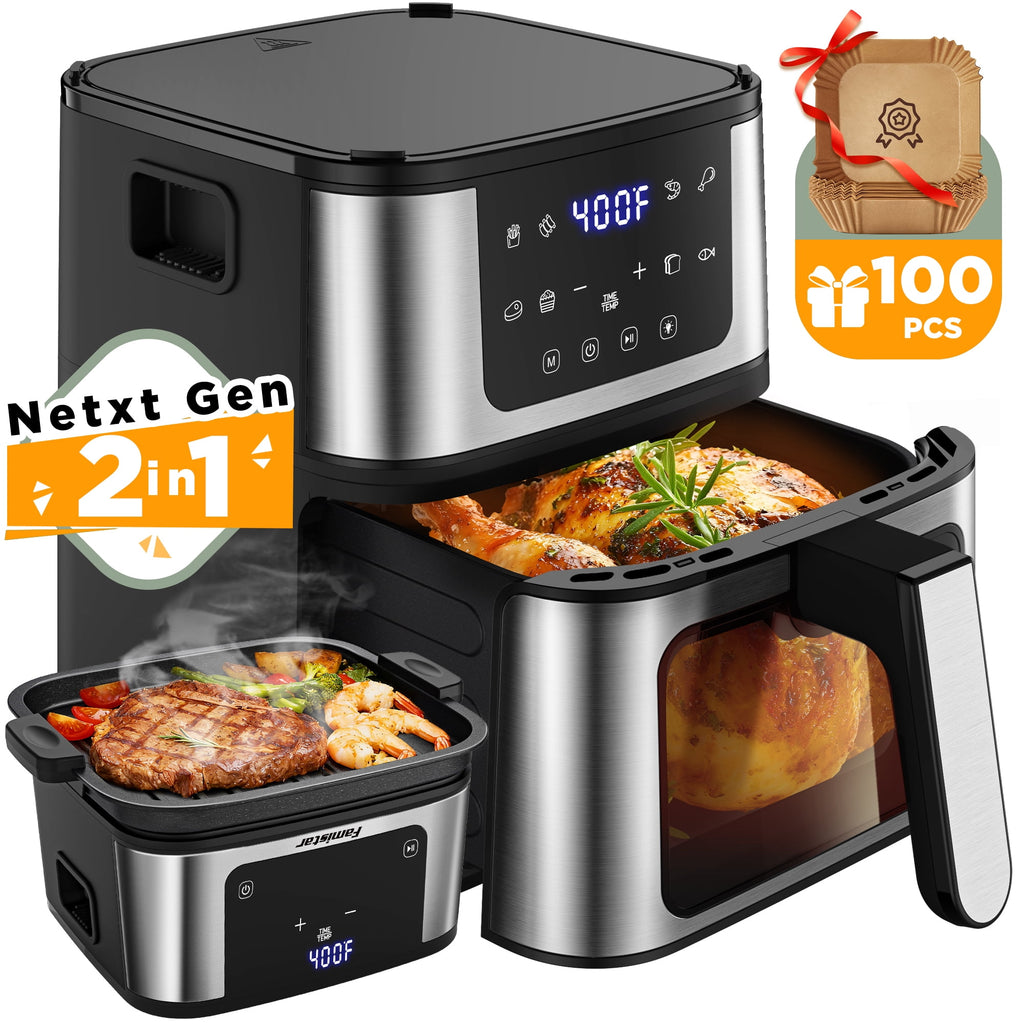 7QT Big Capacity 2-in-1 Air Fryer Grill Combo with Viewing Window, 8 Presets, 95% Less Oil, Non-stick Basket with 100 Liners – XL Family Size for Healthy Cooking (Black)