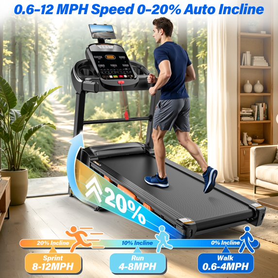 AQUGOKS 20% Auto Incline Treadmills for Home, 5.15HP 12MPH Foldable Walking Running Treadmill with LCD Displays, 95+10 Programs, Portable Treadmill Up to 400LBS Capacity, APP Connection