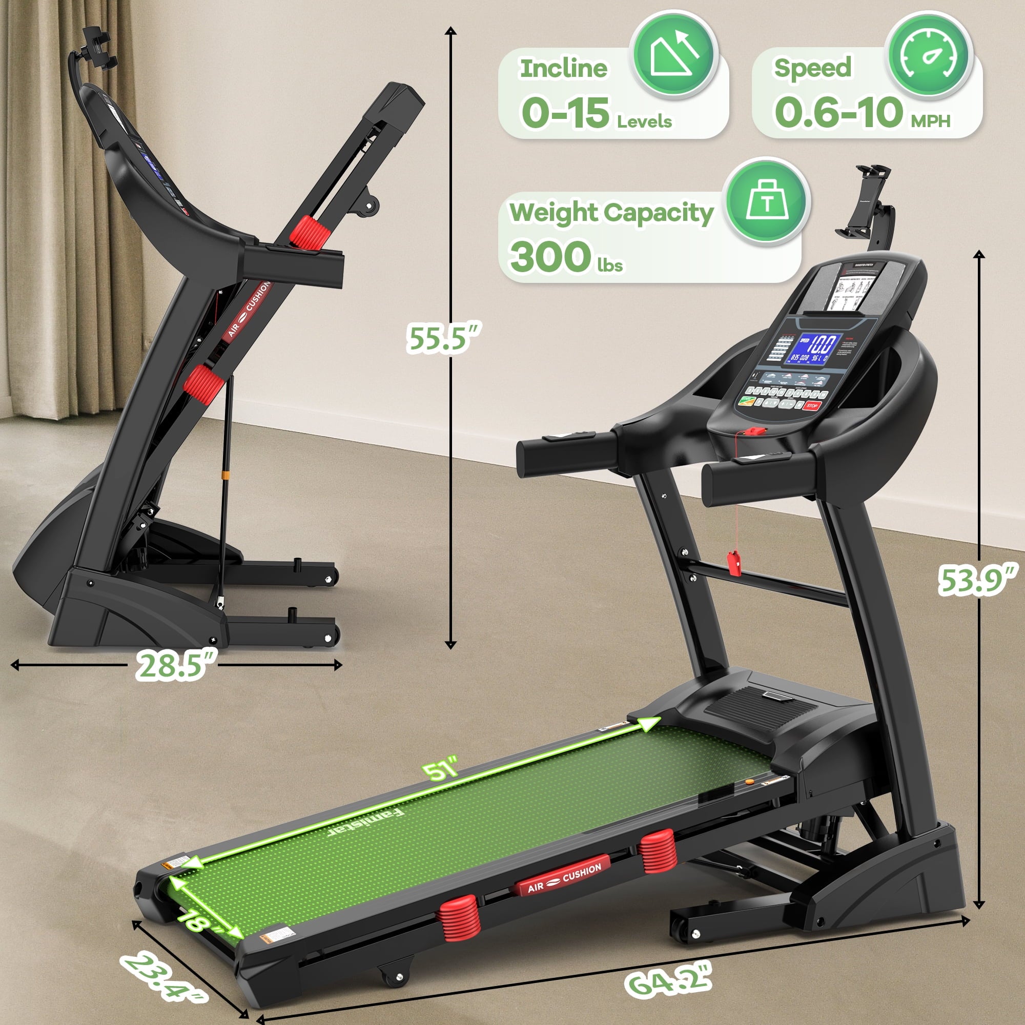 Qvamodo 4.5HP Treadmill for Home, Folding Treadmill with 15-Level Auto Incline,10 MPH Portable Treadmill 300 LB Capacity, Foldable Treadmill with 64+3+3+3 Programs Bluetooth, LED Display, APP Control