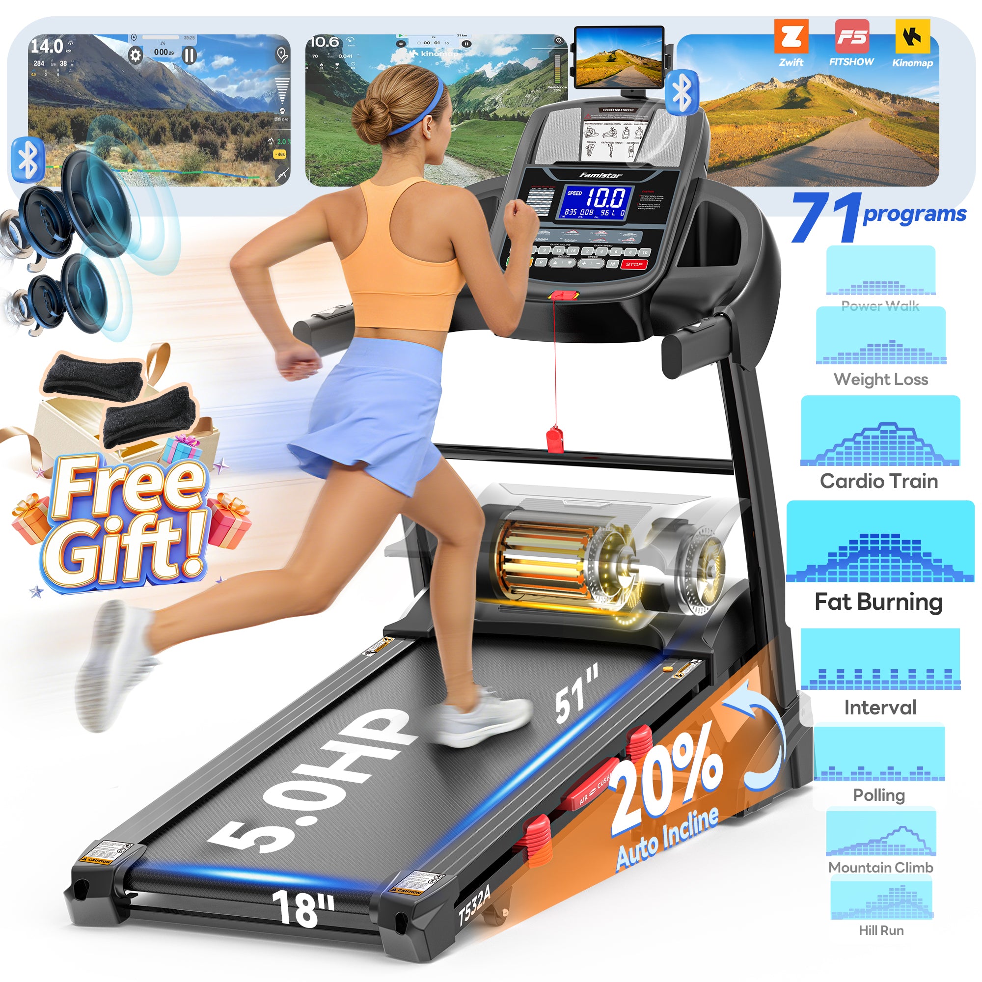 5HP Folding Treadmill for Home with 20 Auto Incline, Free APP Control, 300lbs,71 Programs, HiFi Bluetooth Speakers, 12MPH Speed, Foldable Electric Treadmill Running Machine, Knee Strap Gift
