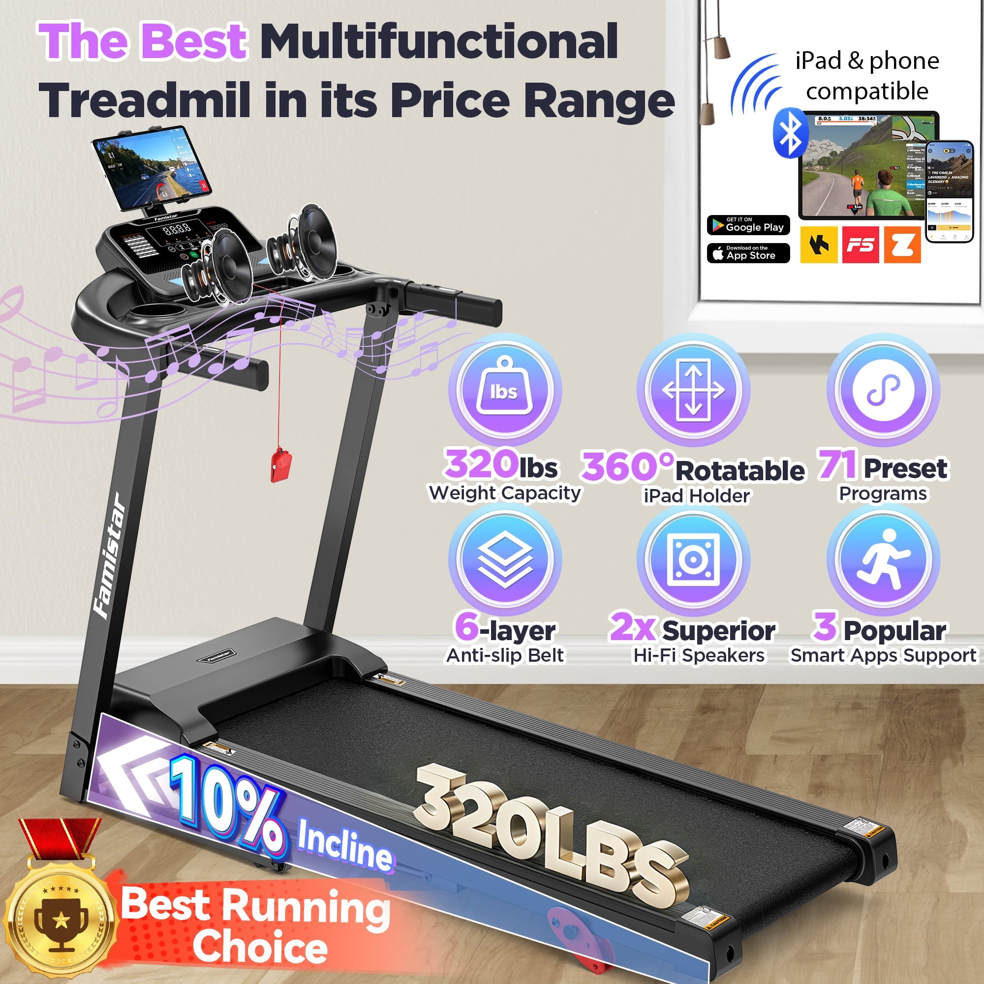 Famistar Treadmill for Home, Portable Folding Electric Exercise Treadmill with Adjustable Incline, APP Control, 64 Programs, 320 lb Capacity, 7.5MPH, Bluetooth Speakers, Running Walking Jogging, 12/23 Update