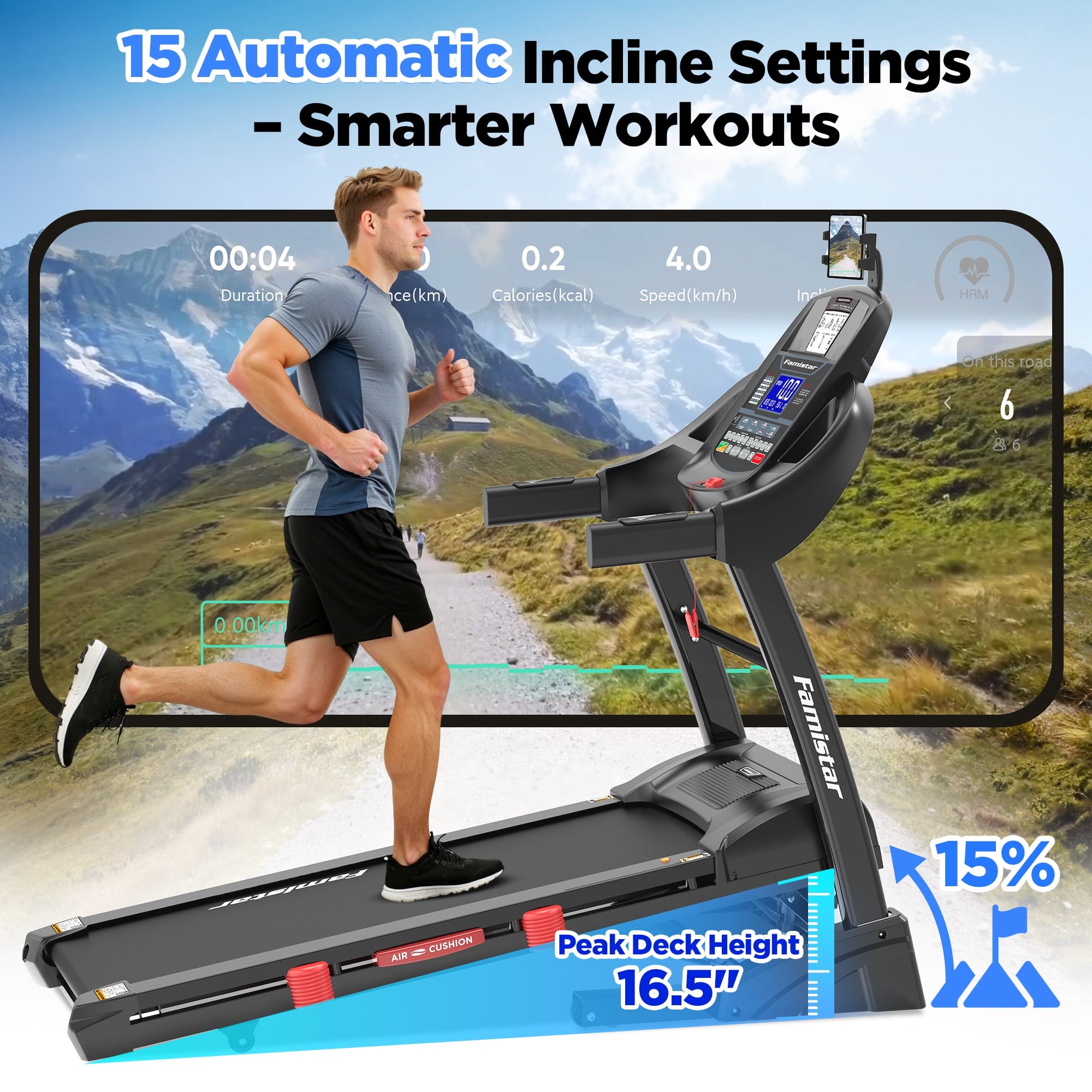 Famistar 5.0HP Folding Treadmill for Home with 15 Auto Incline, Smart APP, 300lbs, HiFi Bluetooth Speakers, 64 Programs, 10MPH Speed, Foldable Electric Treadmill Running Machine, Knee Strap Gift