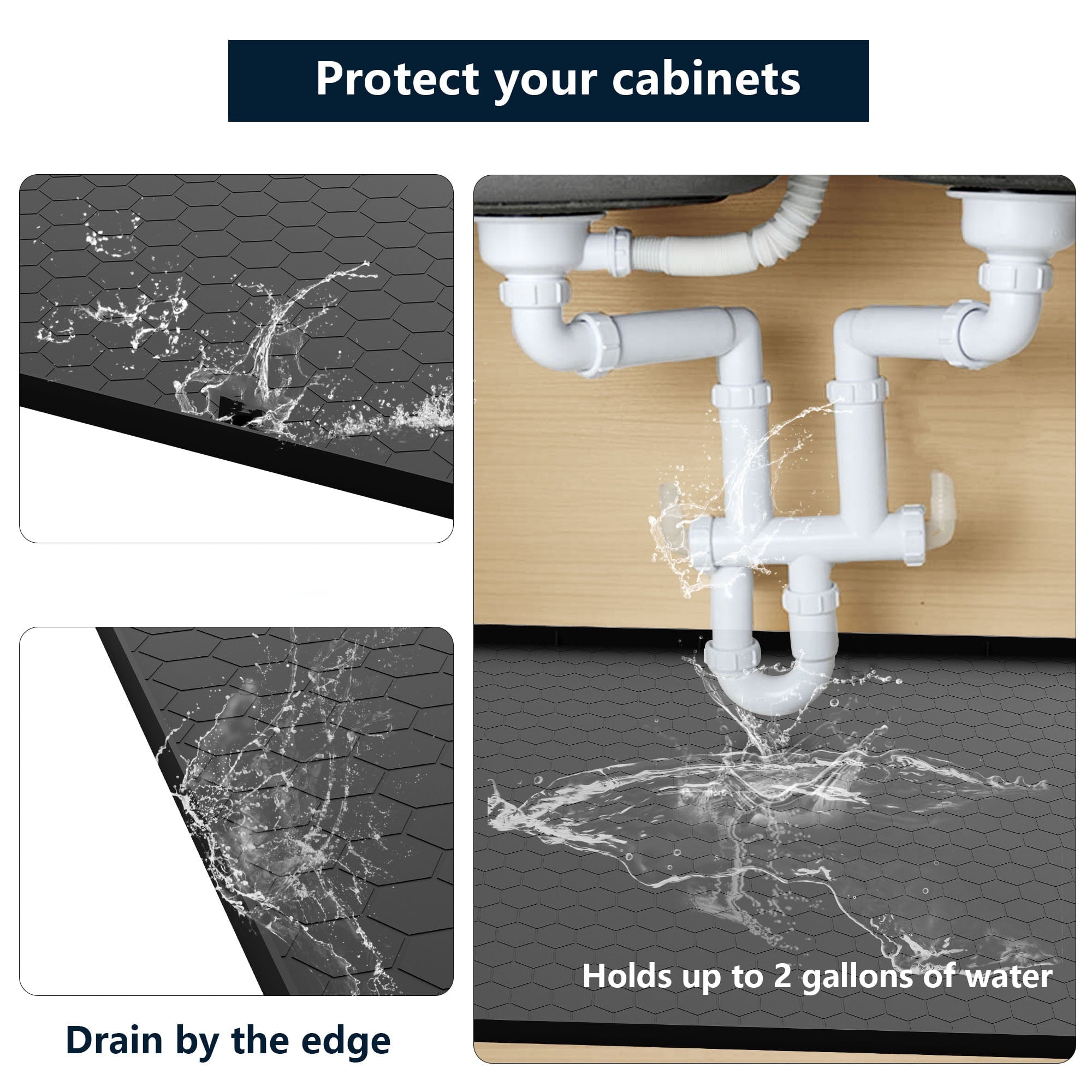 MAJUNES Under Sink Mat, Campmoy 34" x 22" Under Sink Mats for Kitchen Waterproof - Silicone Under Sink Liner Drip Tray with Drain Hole(Black)